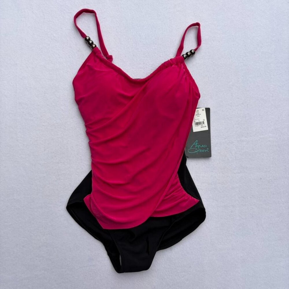 NWT Aqua Green Pink Black Drape Front One-Piece Swimsuit Sz M Vacation Cruise